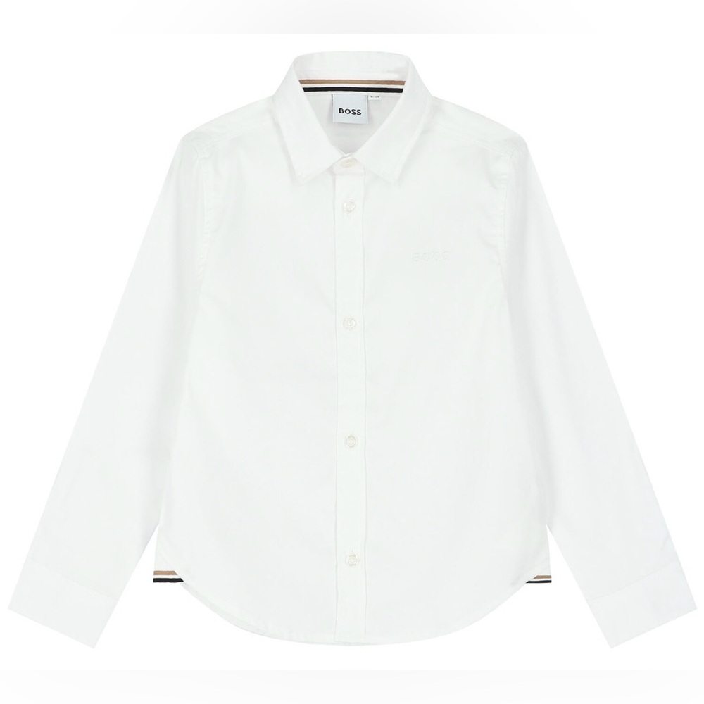 KIDS BOYS BOSS WHITE COTTON LONG SLEEVE BUTTON-DOWN LOGO DRESS SHIRT - SIZE 14